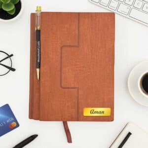 customised brown diary with pen slot