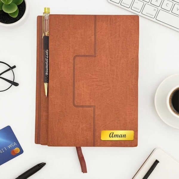 customised brown diary with pen slot