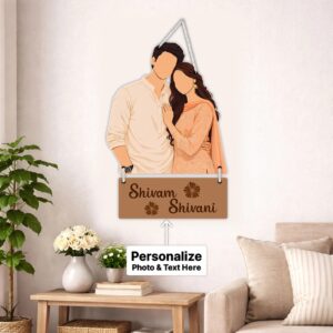 Custom Couple Portrait Wall Hanging with Names – Personalized Romantic Home Decor Gift