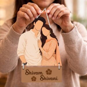 Custom Couple Portrait Wall Hanging with Names – Personalized Romantic Home Decor Gift